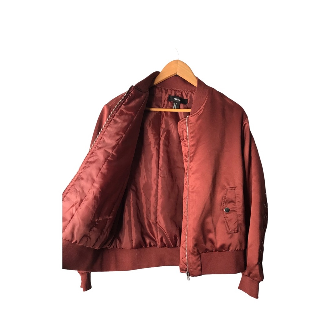 Forever 21 | Maroon satin bomber jacket lace up sleeves and back statement coat - Picture 9 of 11